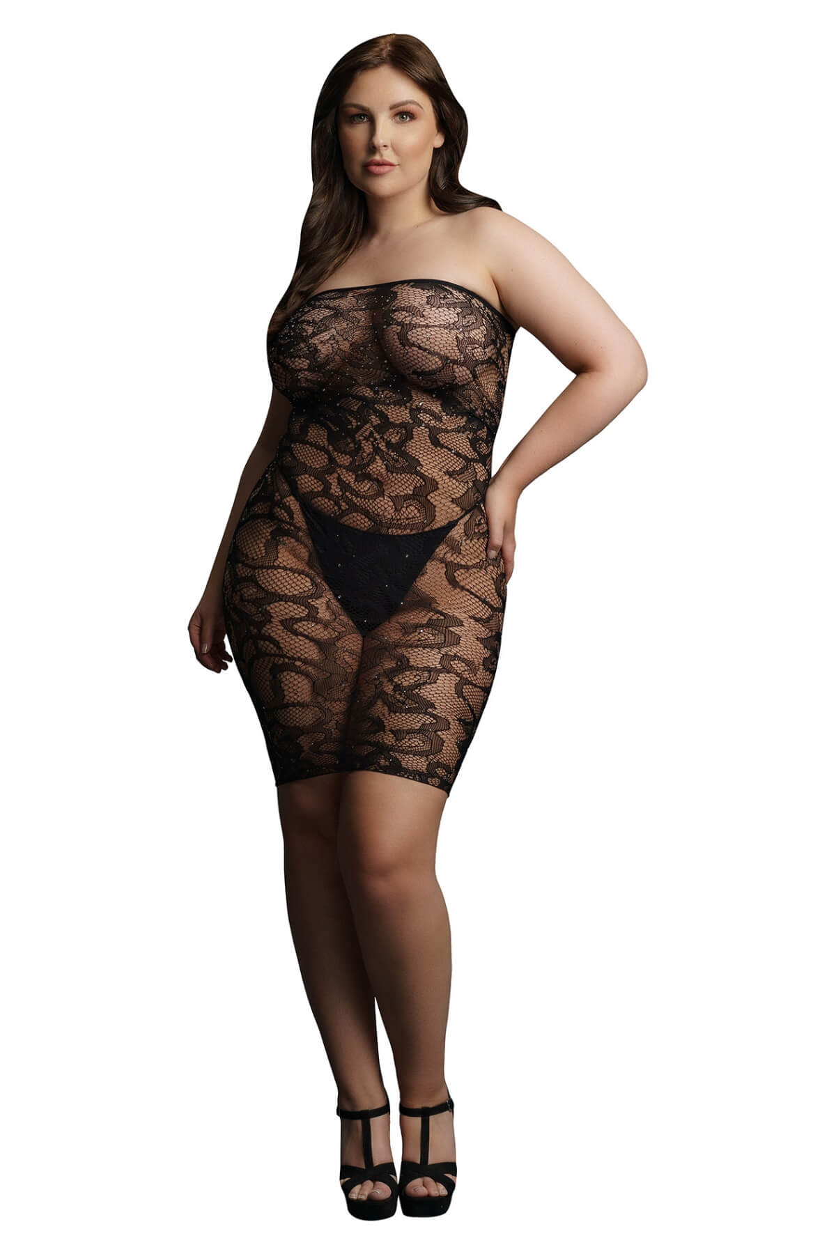 Rochita Sexy Plus-Size din plasa elastica cu strasuri Rhinestone, Negru, Fata