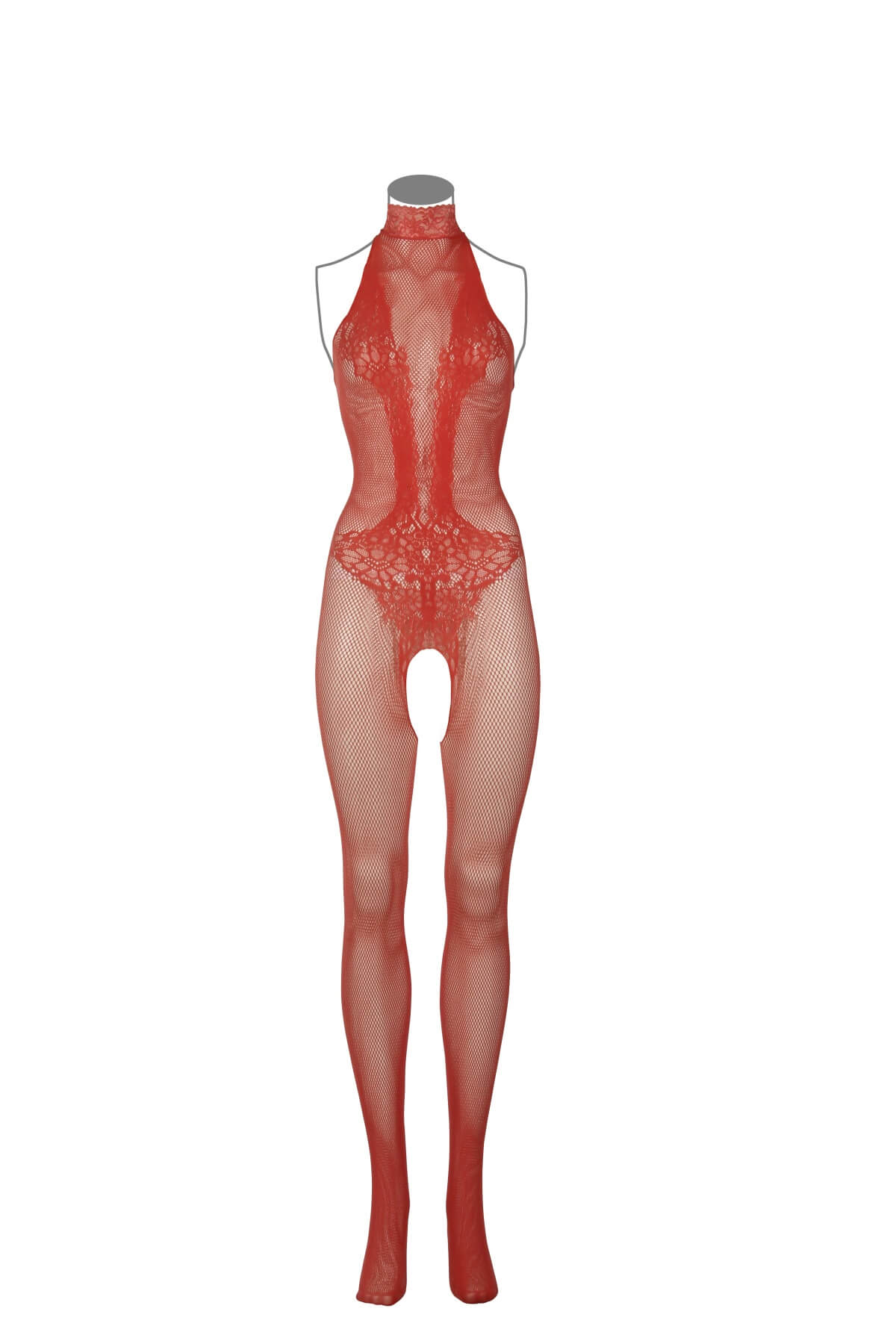 Bodystocking sexy cu model pe gat din dantela si plasa DES026, Rosu Coral, Fata