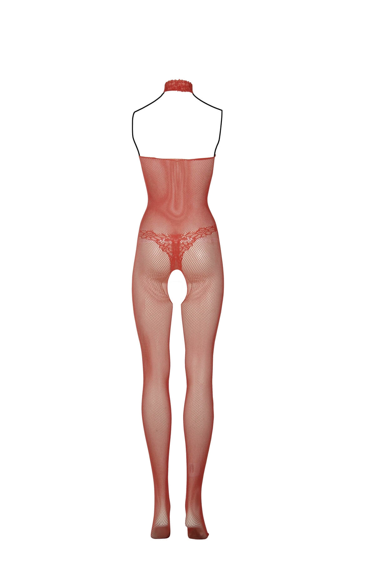 Bodystocking sexy cu model pe gat din dantela si plasa DES026, Rosu Coral, Spate