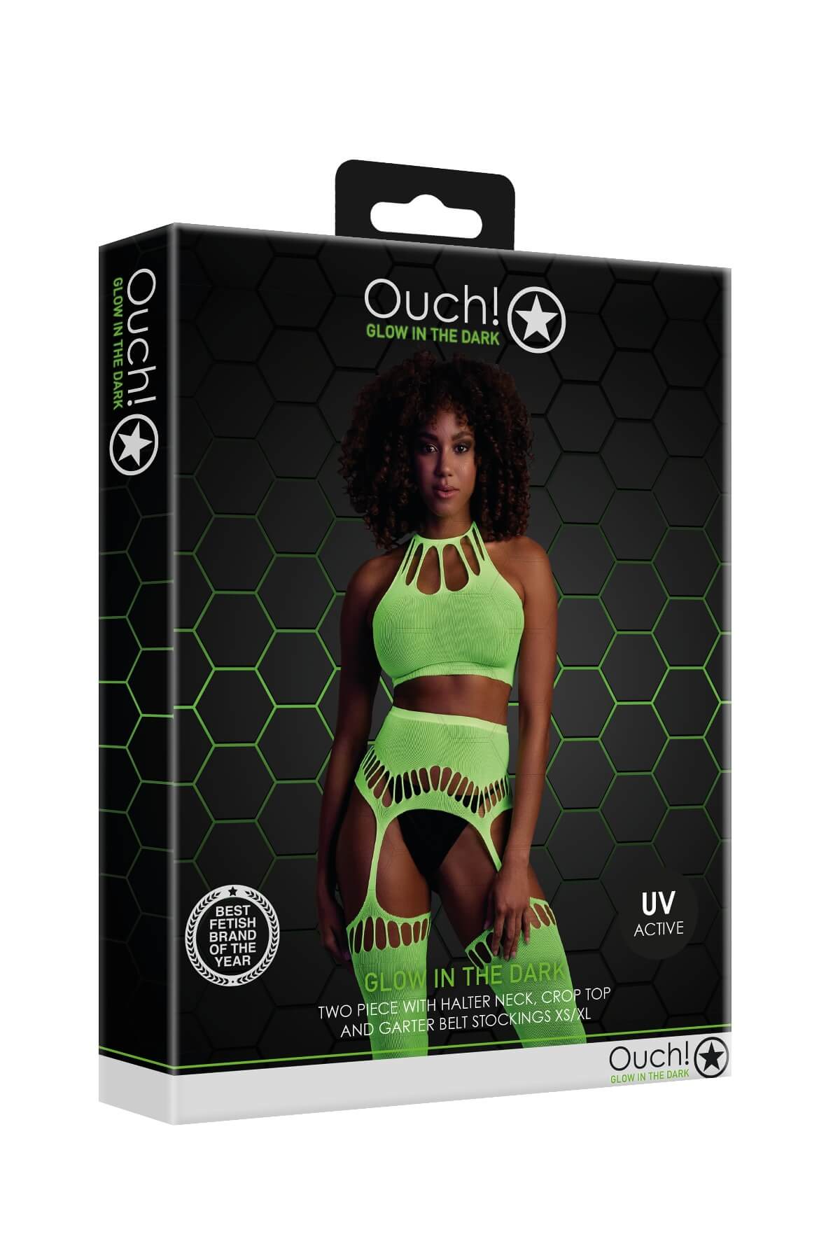 set lenjerie fishnet din plasa elastica verde fosforescent cutie prezentare