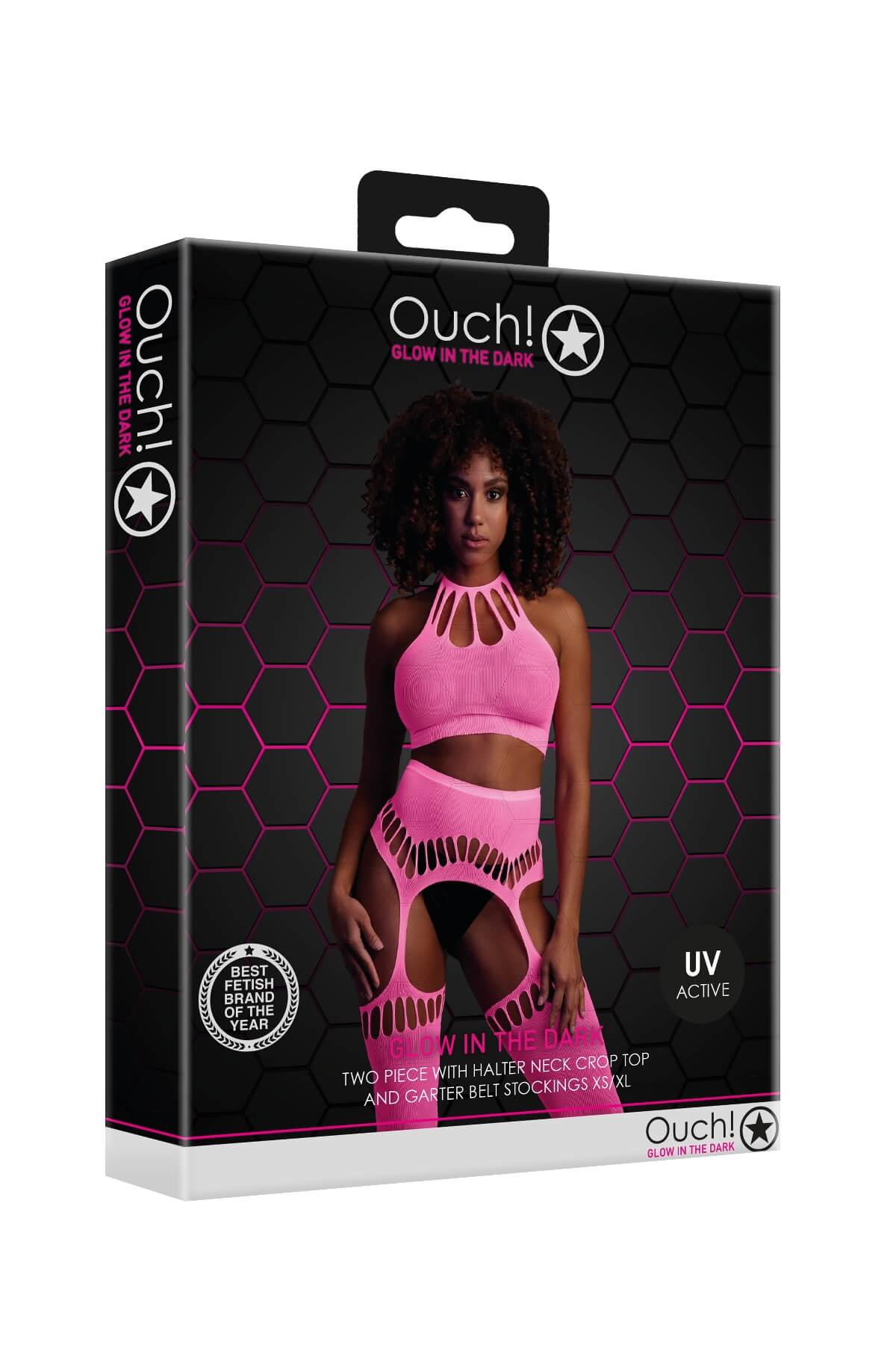 set lenjerie fishnet din plasa elastica roz fosforescent prezentare cutie