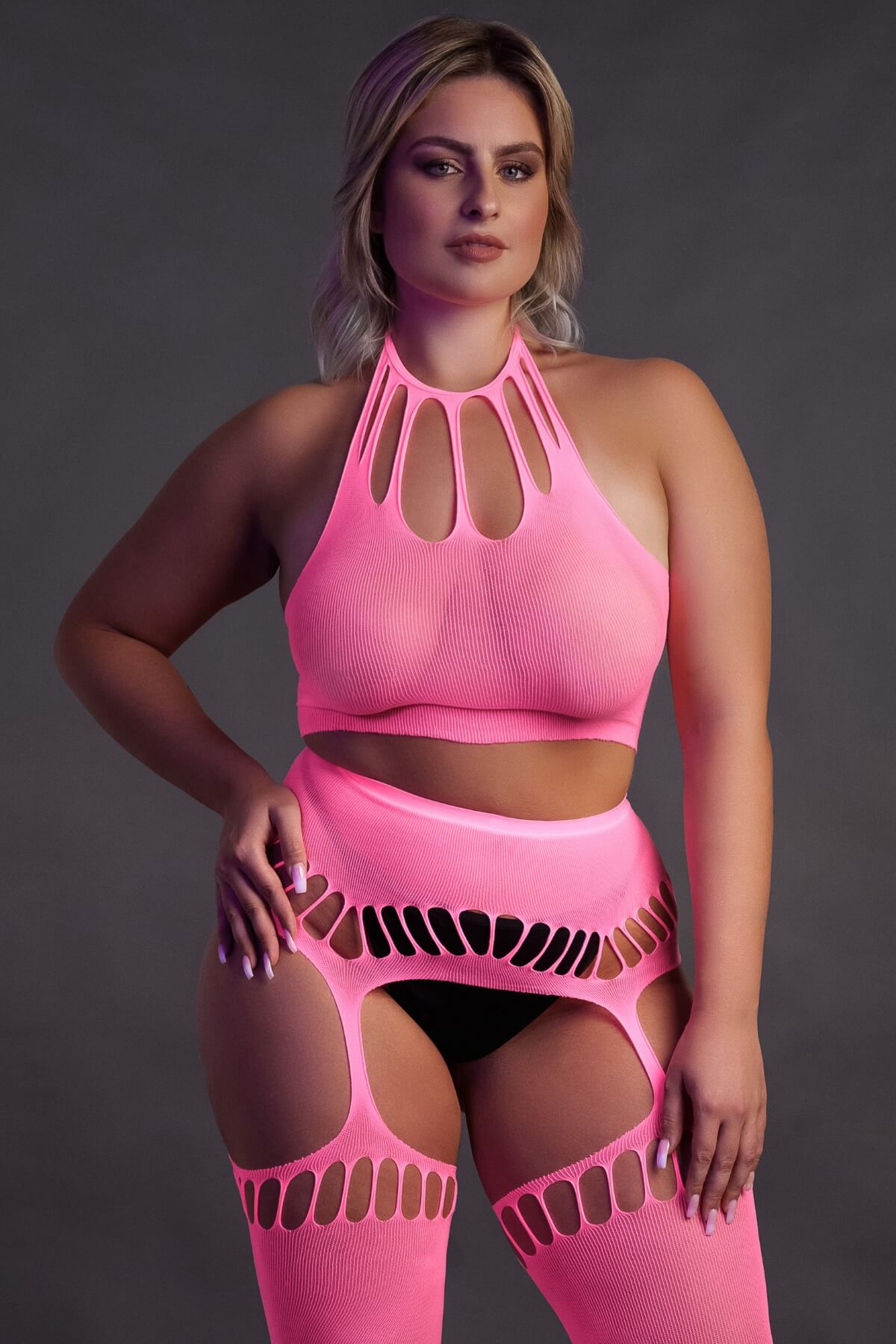 Set erotic fishnet plus size din plasa elastica roz neon OU838 cu top cu prindere in jurul gatului